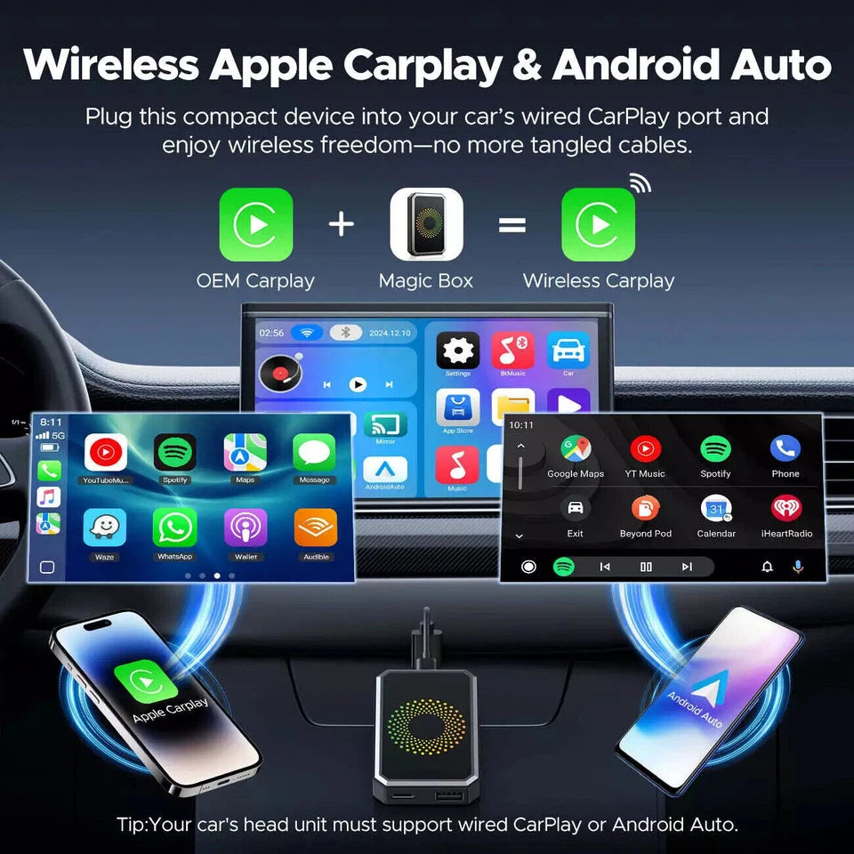 MDHAND 3-in-1 Android 12 Wireless CarPlay AI Box adapter connected to a vehicle dashboard showing multimedia interface.