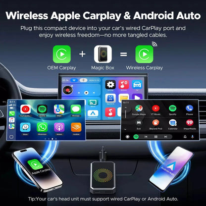 MDHAND 3-in-1 Android 12 Wireless CarPlay AI Box adapter connected to a vehicle dashboard showing multimedia interface.