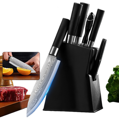 MDHAND Kitchen Knife Set, 7 Pcs Knives Block Set with Built-in Sharpener, Healthy Anti-Rust Coating & Stainless Steel Knife Set, Dishwasher Safe Black
