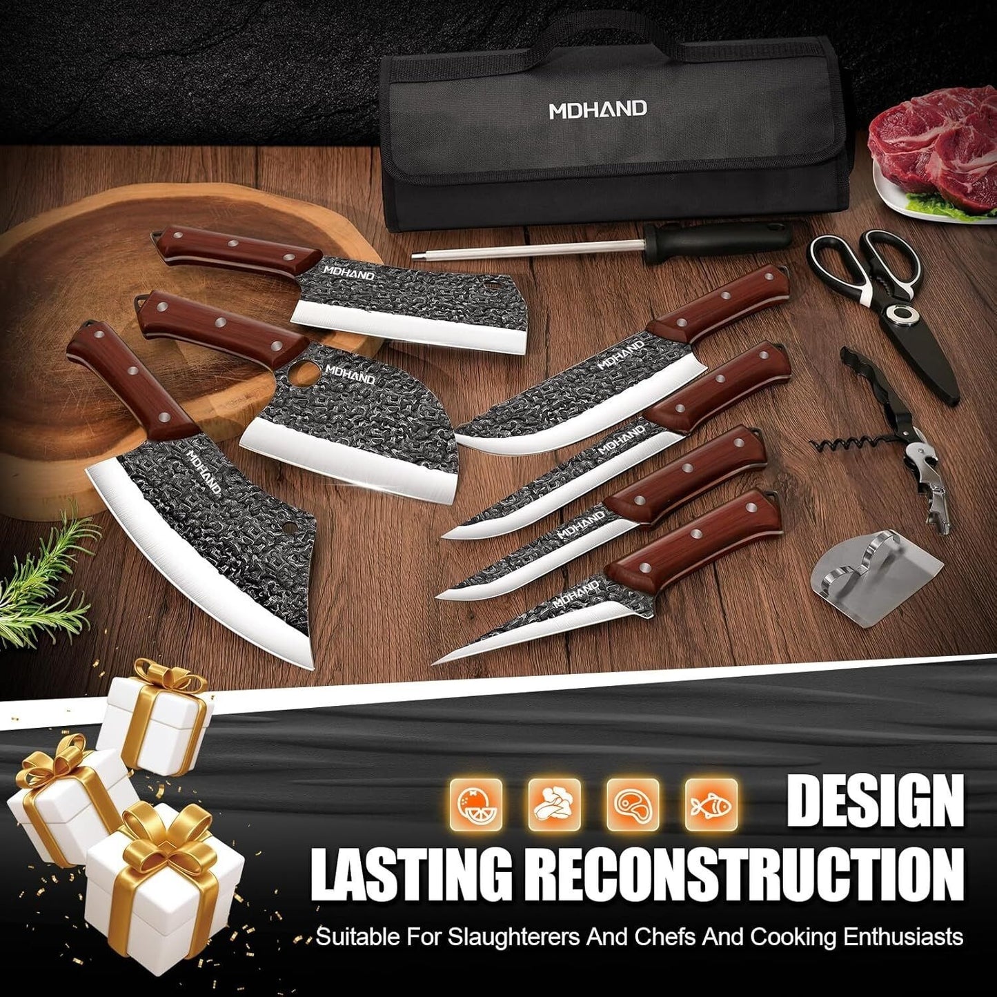 MDHAND 14PCS Butcher Knife Set, Hand Forged Chef Knife & Meat Cleaver Knife Set for Home, Outdoor Cooking, Camping