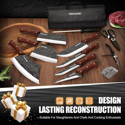 MDHAND 14PCS Butcher Knife Set, Hand Forged Chef Knife & Meat Cleaver Knife Set for Home, Outdoor Cooking, Camping