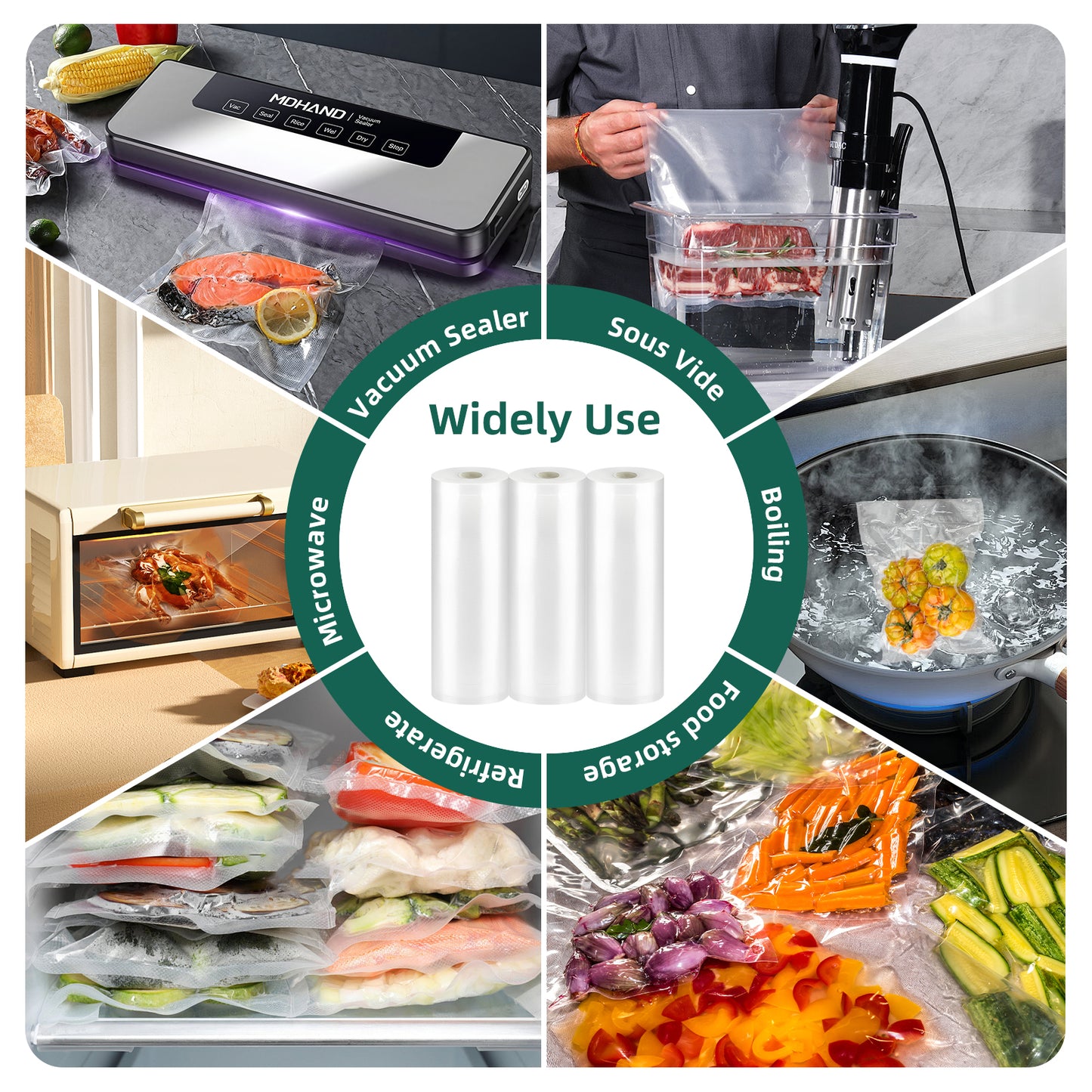 MDHAND vacuum sealer bags for food, 11in x 20ft rolls, three-pack, ideal for airtight storage, meal prep, and sous vide cooking.