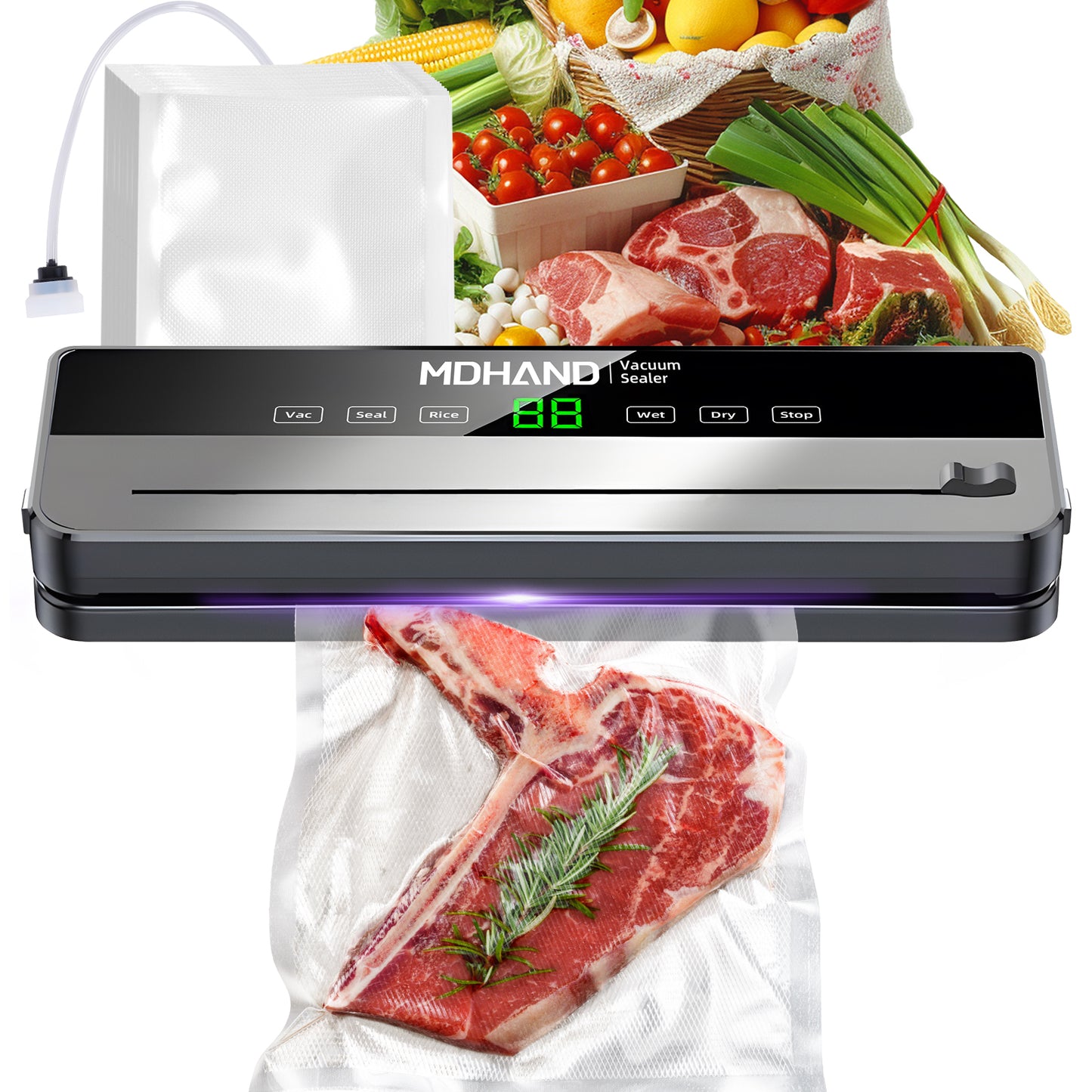 MDHAND vacuum sealer machine with built-in cutter, 6-in-1 food saver, and 30 sealing bags for fresh food preservation.