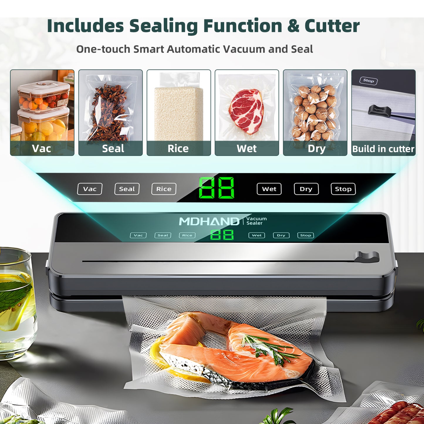 MDHAND vacuum sealer machine with built-in cutter, 6-in-1 food saver, and sealing bags, suitable for dry and moist foods.