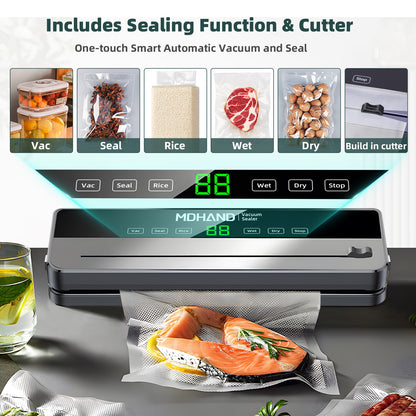 MDHAND vacuum sealer machine with built-in cutter, 6-in-1 food saver, and sealing bags, suitable for dry and moist foods.