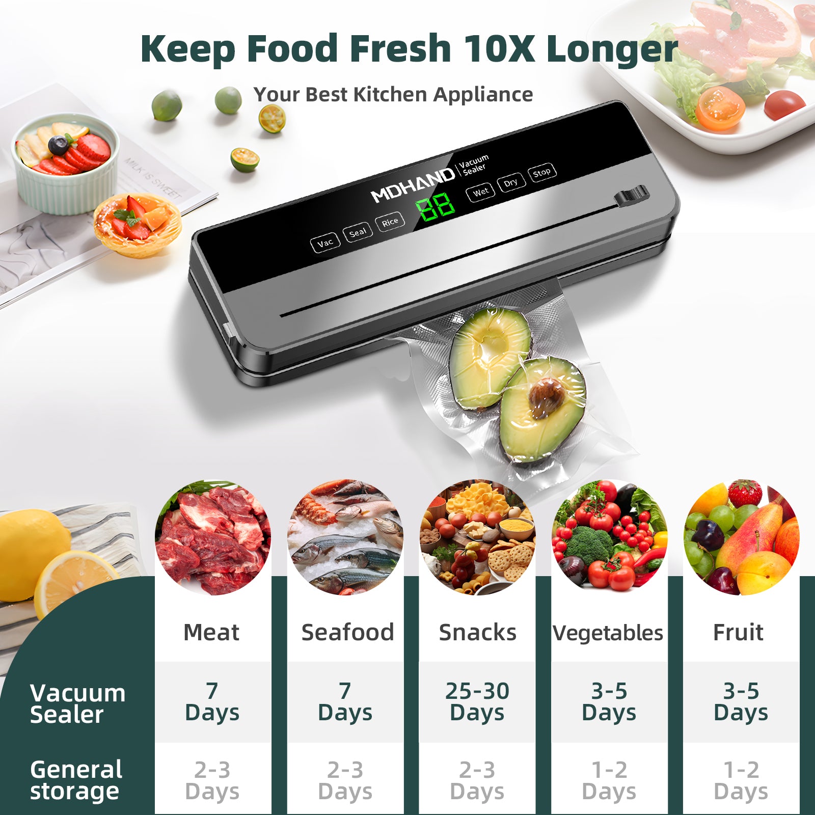 MDHAND vacuum sealer machine with built-in cutter, 6-in-1 food saver, and 30 sealing bags, for automatic dry and moist food preservation.