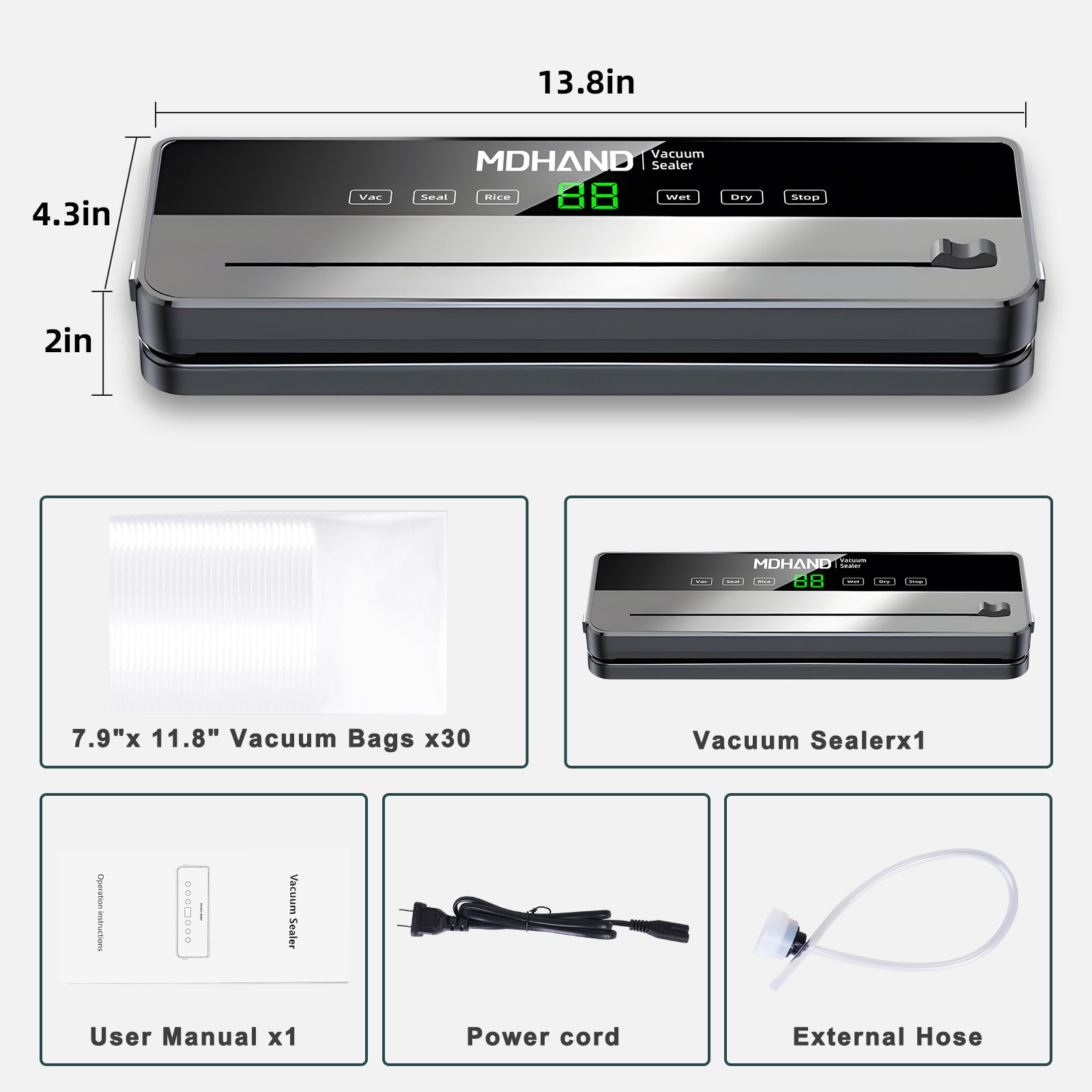 MDHAND vacuum sealer machine with built-in cutter, 6-in-1 food saver, 30 bags, automatic sealing, for dry and moist foods.