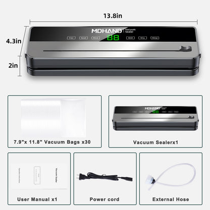MDHAND vacuum sealer machine with built-in cutter, 6-in-1 food saver, 30 bags, automatic sealing, for dry and moist foods.