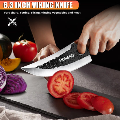 MDHAND Butcher Knife Set Hand Forged Serbian Chef Knife Viking Boning Knife Cleaver Knife 4PCS Kitchen Knife Set for Meat Cutting Home & Outdoor Cooking BBQ Knives Gift for Men