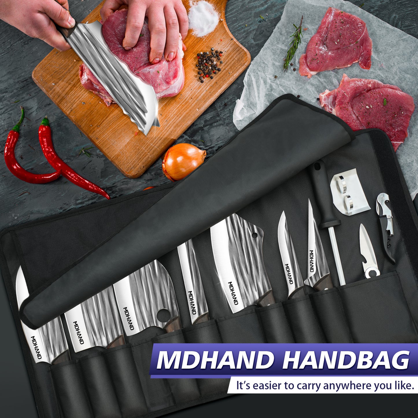 MDHAND 14pcs Kitchen Knives Set - Butcher Knife,Chef Knife, Boning Knife, Meat Cleaver - BBQ, Outdoor, Camping(Stripe)