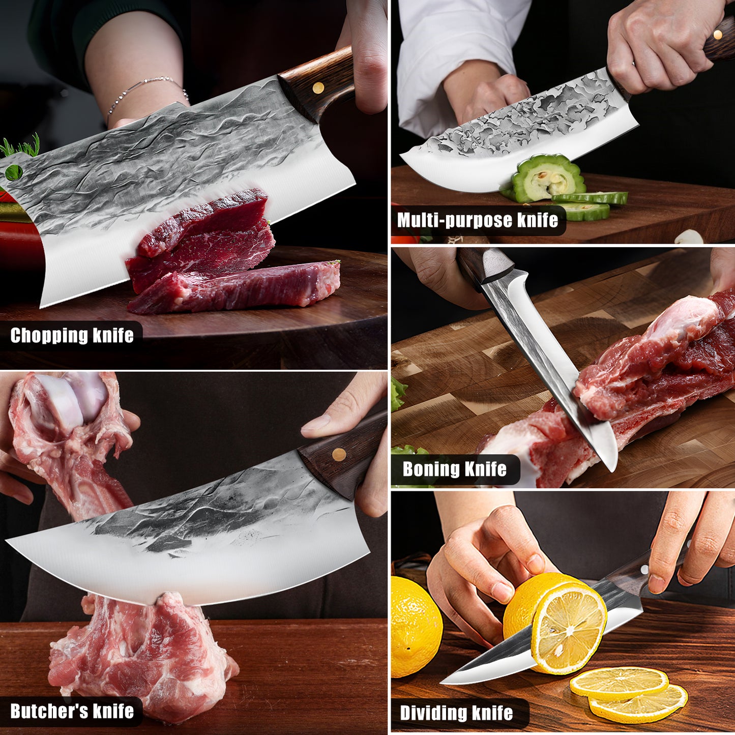 MDHAND 7PCS Butcher Knife Set, Hand Forged Meat Cleaver Knife,Meat Cutting Kitchen Knife Set for Home, Outdoor Cooking, Camping BBQ