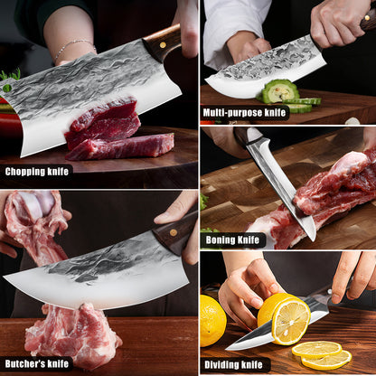 MDHAND 7PCS Butcher Knife Set, Hand Forged Meat Cleaver Knife,Meat Cutting Kitchen Knife Set for Home, Outdoor Cooking, Camping BBQ