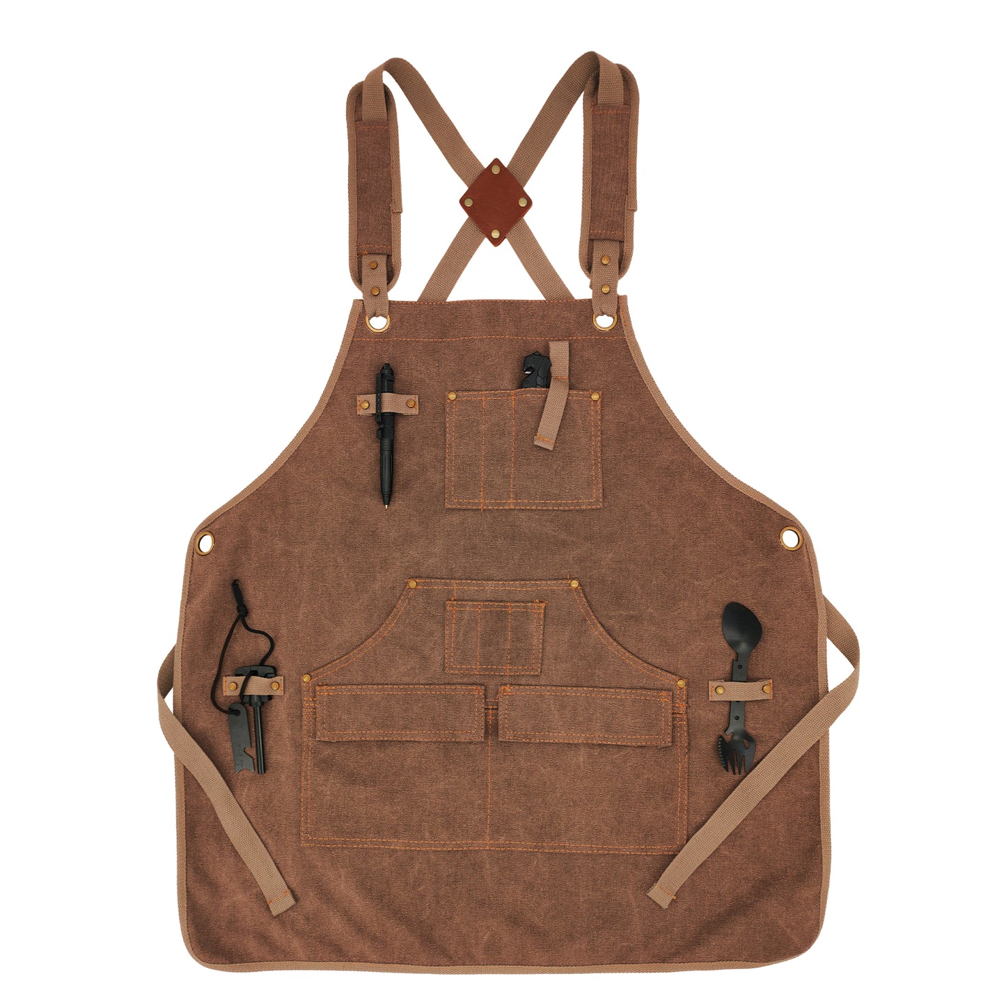 MAHAND woodworking apron made of durable wood-inspired fabric, featuring multiple pockets and adjustable straps for carpentry projects.