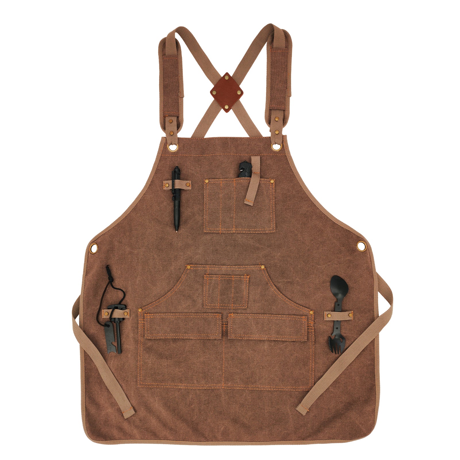 MAHAND woodworking apron made of durable wood-inspired fabric, featuring multiple pockets and adjustable straps for carpentry projects.