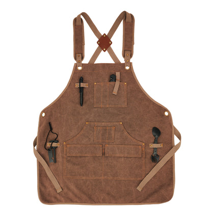 MAHAND woodworking apron made of durable wood-inspired fabric, featuring multiple pockets and adjustable straps for carpentry projects.