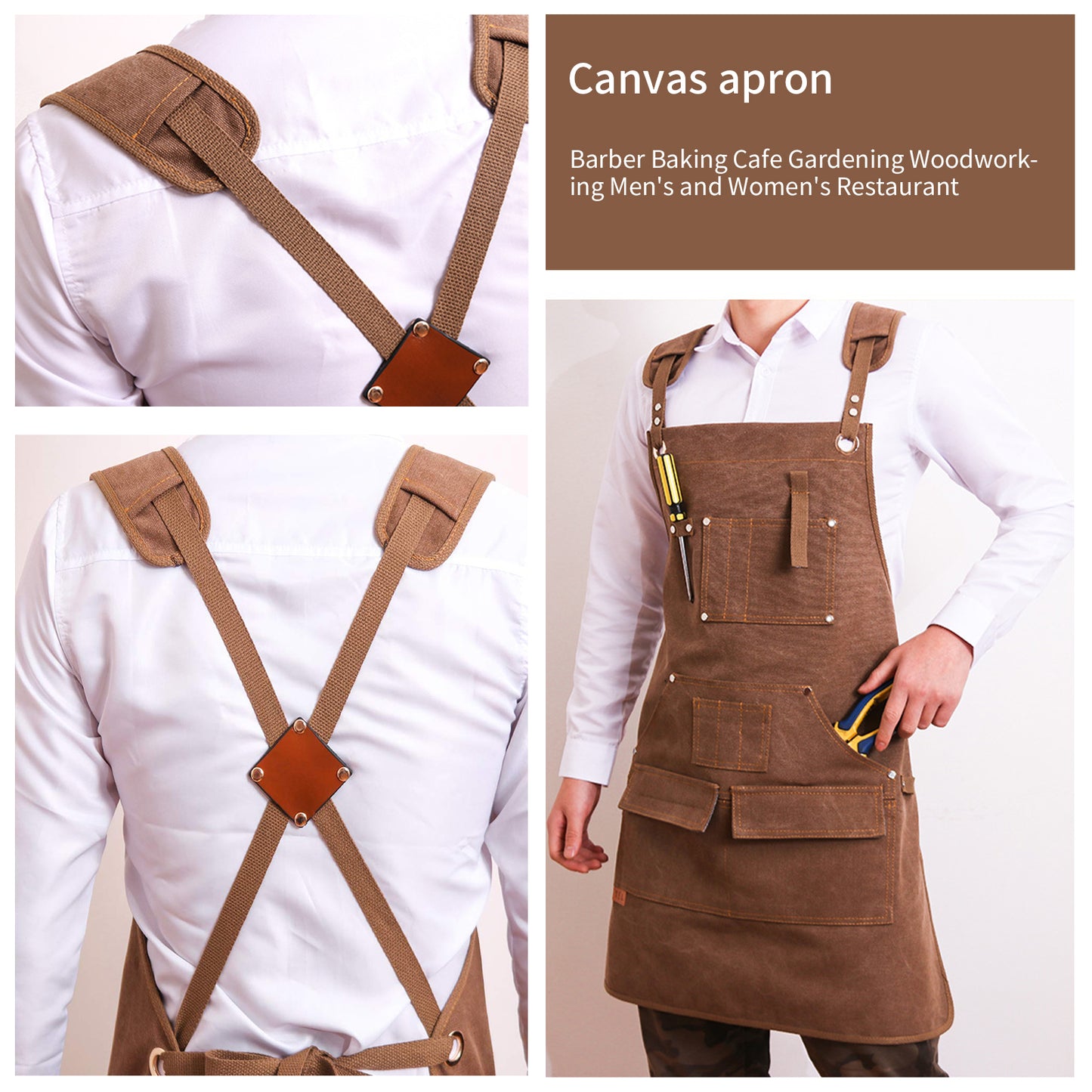MAHAND woodworking apron made of durable wood-inspired fabric with adjustable straps and multiple pockets for tools.