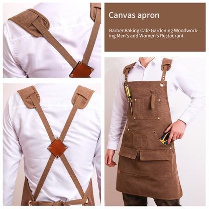MAHAND woodworking apron made of durable wood-inspired fabric with adjustable straps and multiple pockets for tools.